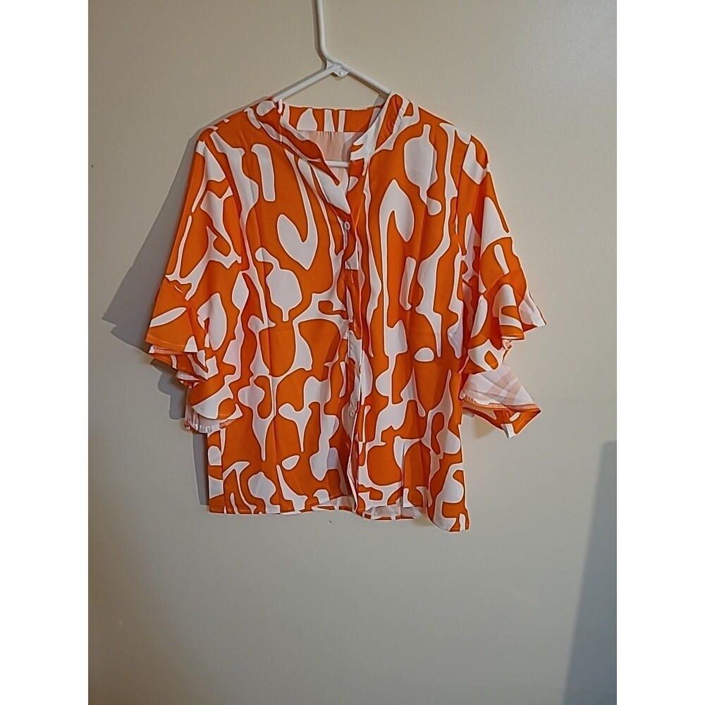 Womens Orange Geometric Print Ruffled Sleeve Button Up Top  Size S (E)